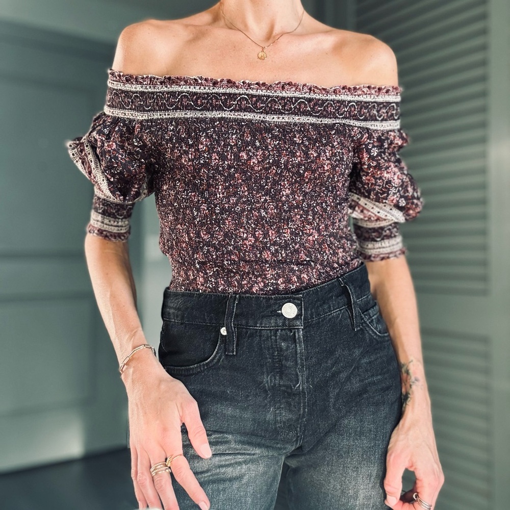 VERONICA BEARD ROSALINDA PRINTED OFF-THE-SHOULDER BLOUSE TOP